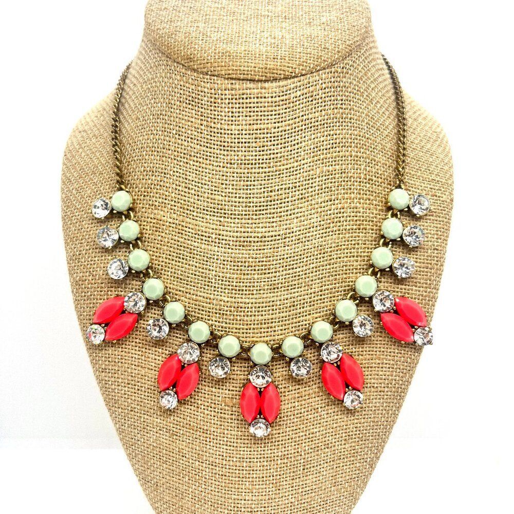 J CREW NECKLACE Rhinestone Crystal Coral Blue Pink Gold Tone Statement